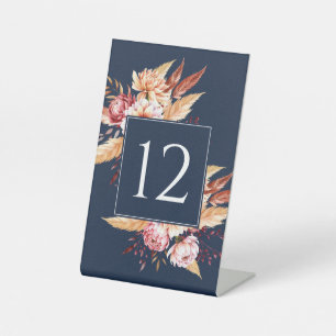 Elegant Navy Blue Boho Floral Wedding Table Number Pedestal Sign