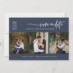 Elegant Navy Blue Boho Save the Date QR Code Photo Invitation