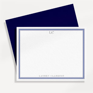Elegant Navy Blue Border Monogram Stationery Note  Invitation