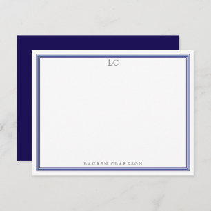 Elegant Navy Blue Border Monogram Stationery Note  Invitation