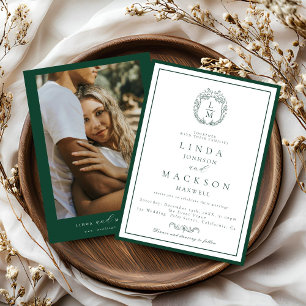 Elegant Navy Blue botanical crest monogram wedding Invitation