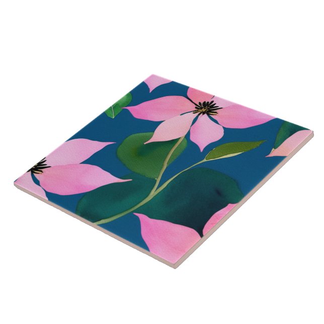Elegant Navy Blue Botanical Tile (Side)