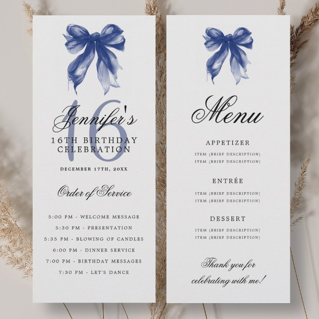 Elegant Navy Blue Bow 16th Birthday Program Menu (Elegant Navy Blue Bow 16th Birthday Program Menu)