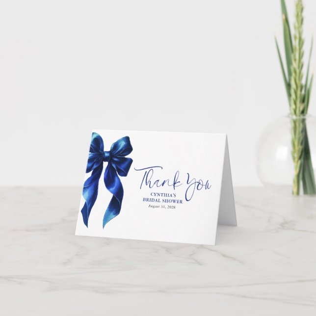 Elegant Navy Blue Bow Bridal Shower Thank You (Front)