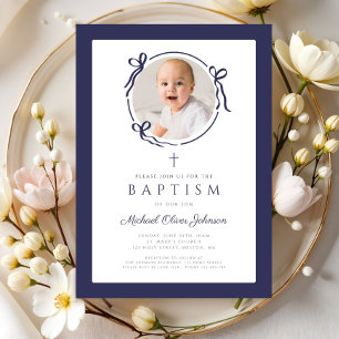 Elegant Navy Blue Bow Photo Baptism Invitation