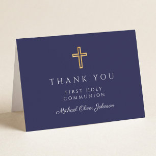 Elegant Navy Blue Boy First Communion  Thank You Card
