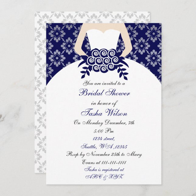 Elegant navy blue Bridal Shower Invitation (Front/Back)