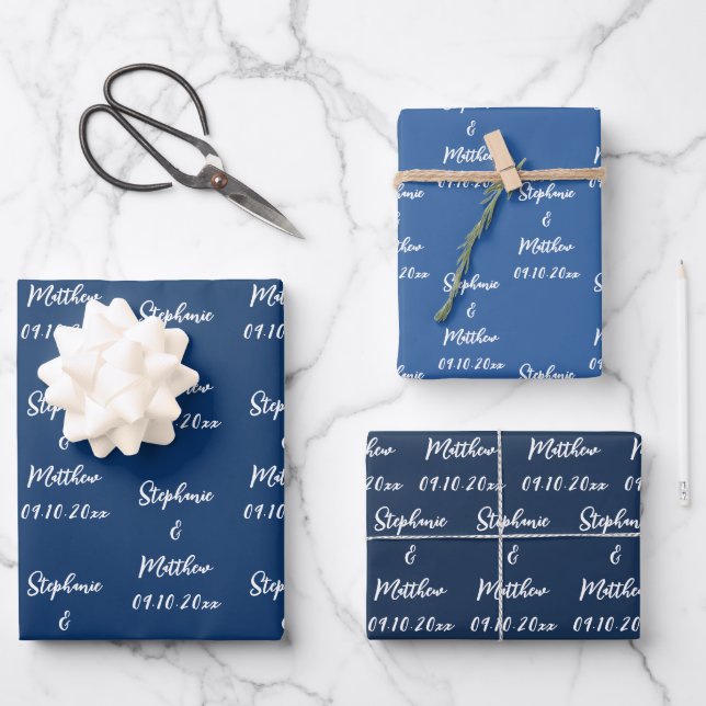 Elegant Navy Blue Bride Groom Names Weddings Wrapping Paper Sheet (Front)