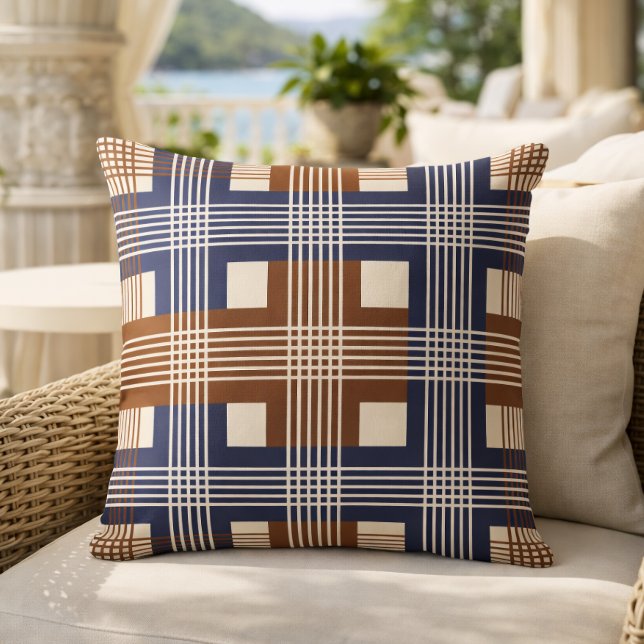 Elegant Navy Blue Brown Geometric Check Throw Pillow (Creator Uploaded)