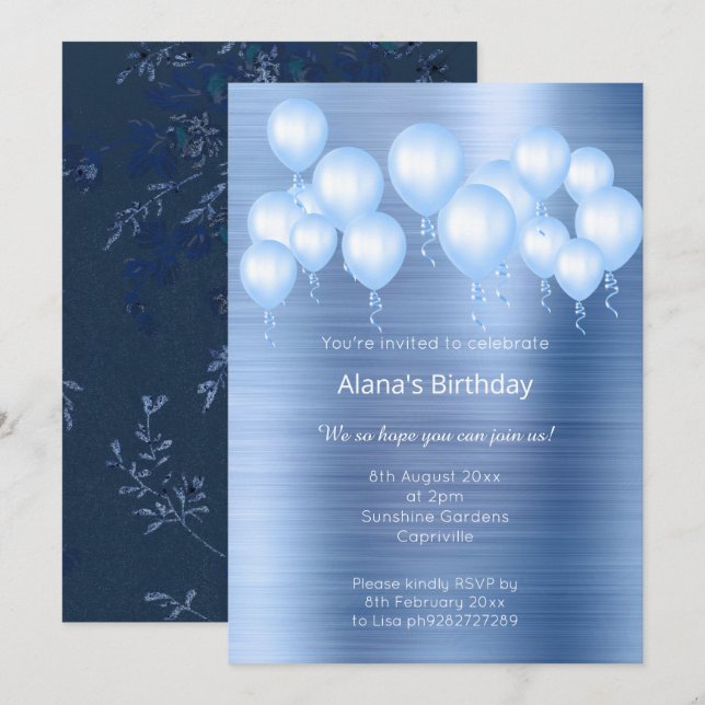 ELEGANT NAVY BLUE BRUSHED METAL PATTERN BIRTHDAY  INVITATION (Front/Back)