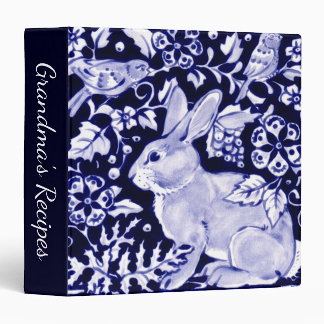 Elegant Navy Blue Bunny Rabbit Birds Dedham Delft Binder (Front/Spine)