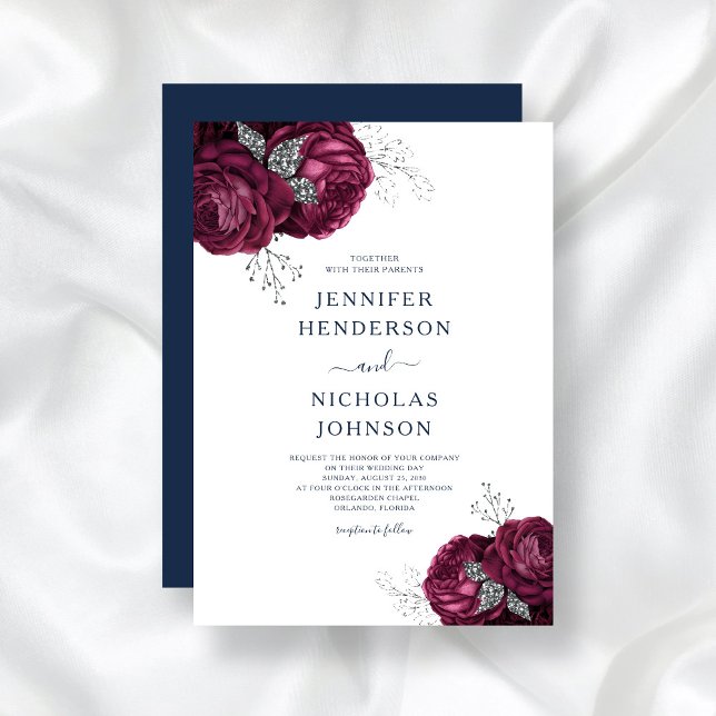 Elegant Navy Blue Burgundy Floral Peonies Wedding Invitation (Creator Uploaded)