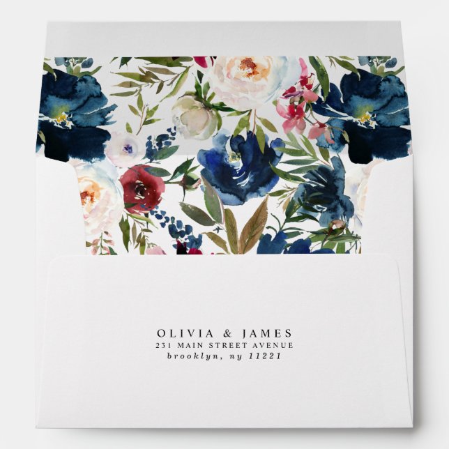 Elegant Navy Blue Burgundy Floral Rose Address Envelope (Back (Bottom))