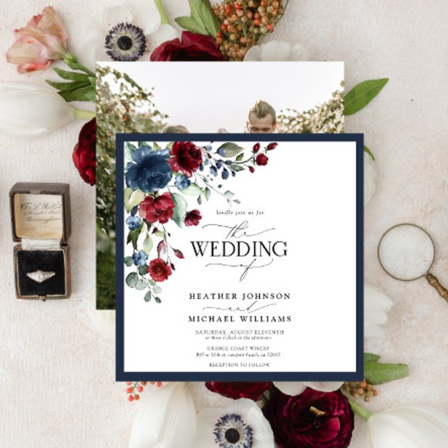 Elegant Navy Blue Burgundy Floral Watercolor Photo Invitation (Creator Uploaded)