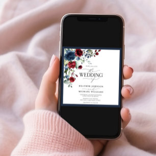 Elegant Navy Blue Burgundy Floral Watercolor Photo Invitation