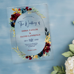 Elegant Navy blue burgundy floral wedding Acrylic Invitations