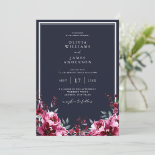 Elegant Navy Blue Burgundy Floral Wedding Invitation