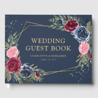 Elegant Navy Blue Burgundy Gold Geometric Wedding  Guest Book