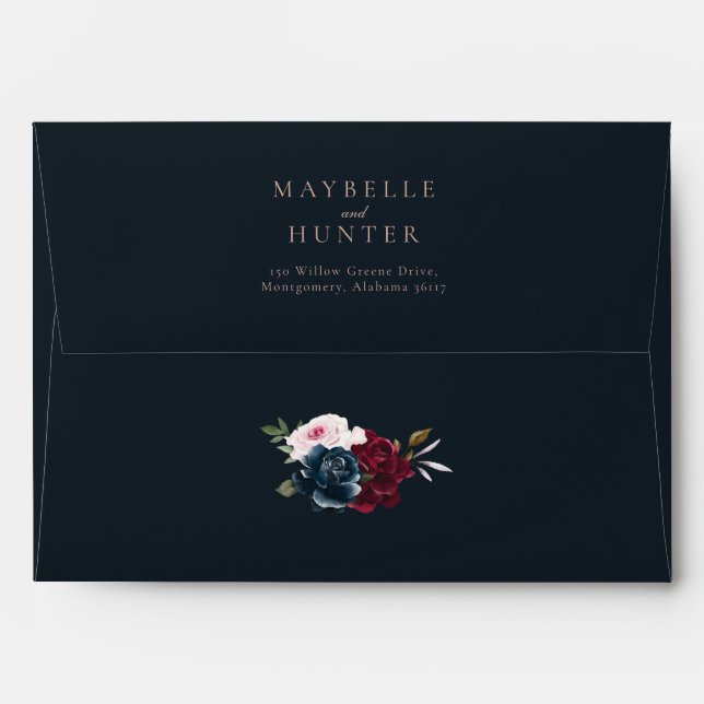 Elegant Navy Blue & Burgundy Watercolor Florals Envelope (Back (Top Flap))
