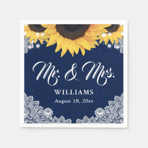 Elegant Navy Blue Burlap Lace Sunflower Wedding Napkin