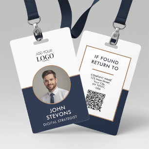Elegant Navy Blue Business Name Tag Photo Template Badge