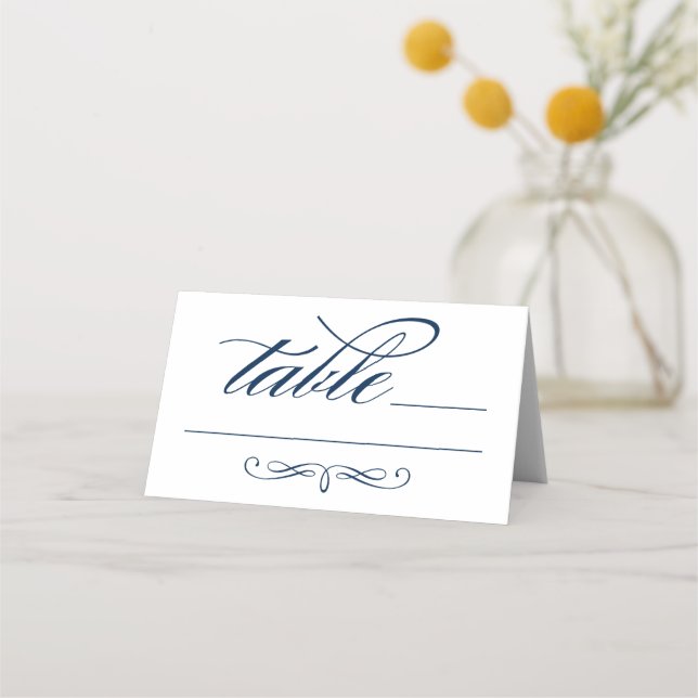 Elegant Navy Blue Calligraphy Script Wedding Table Place Card (Front)