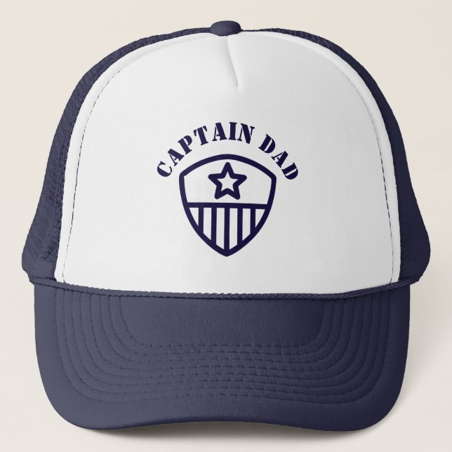 Elegant Navy Blue Captain Dad Shield Trucker Hat (Front)