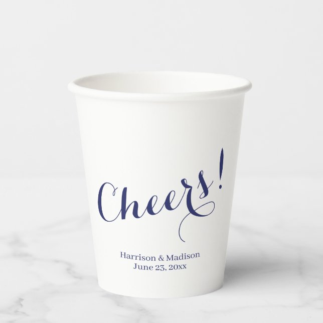 Elegant navy blue Cheers custom script Wedding Paper Cups (Front)
