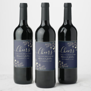Elegant Navy Blue Cheers Wedding Wine Label