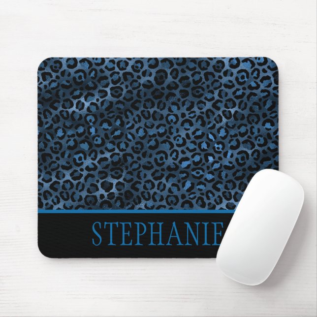 Elegant Navy Blue Cheetah Leopard Print Name Mouse Pad (With Mouse)