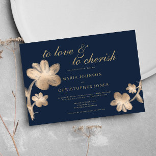 Elegant navy blue chic gold script floral Wedding Invitation