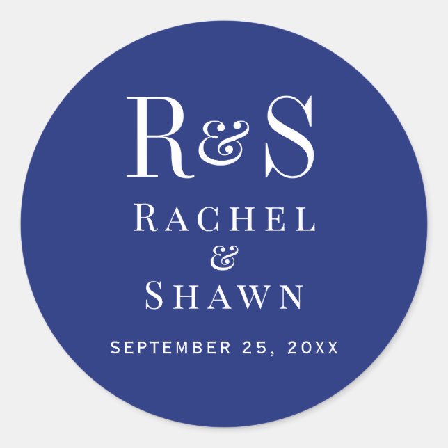 Elegant Navy Blue Chic Modern Monogram Wedding Classic Round Sticker (Front)