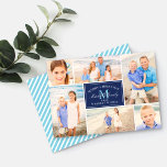 Elegant Navy Blue Christmas Monogram Photo Collage Holiday Card<br><div class="desc">Stylish photo collage card for the holidays features six (6) of your favourite family photos from the year with custom "Merry Christmas / Warmest Wishes" and monogram text. The back of the card includes a pattern of diagonal white stripes. Note, the navy blue background white and pool blue text colours...</div>