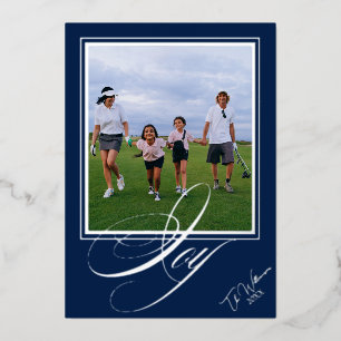 Elegant Navy Blue Christmas Script Family Photo Foil Holiday Card