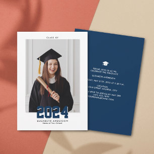 Elegant Navy Blue Class of 2024 Graduation Photo Announcement