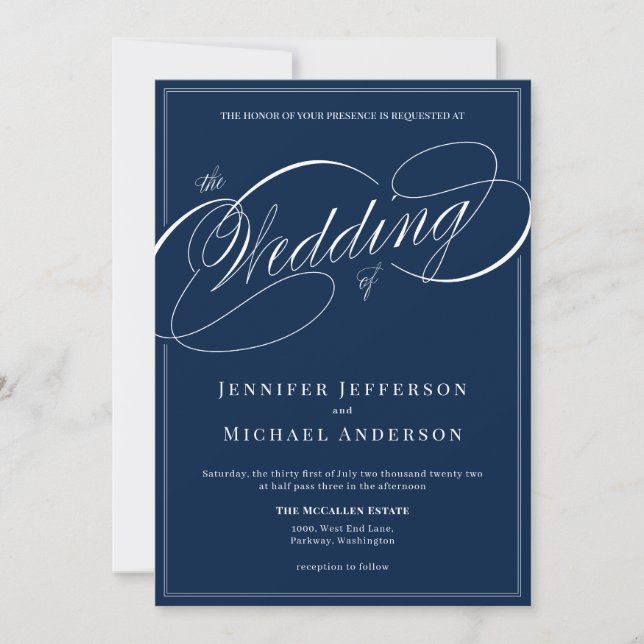 Elegant Navy Blue Classic Calligraphy Wedding Invitation (Front)