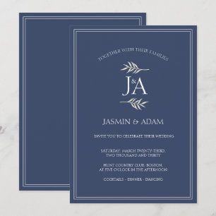 Elegant Navy Blue Classic Initials Wedding  Invitation