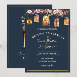 Elegant Navy Blue Coral Floral Gold Lights Invitation