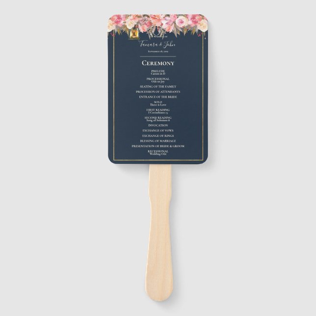 Elegant Navy Blue Coral Lights Wedding Program Hand Fan (Front)