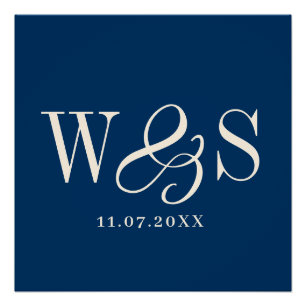 Elegant navy blue couple initials wedding poster