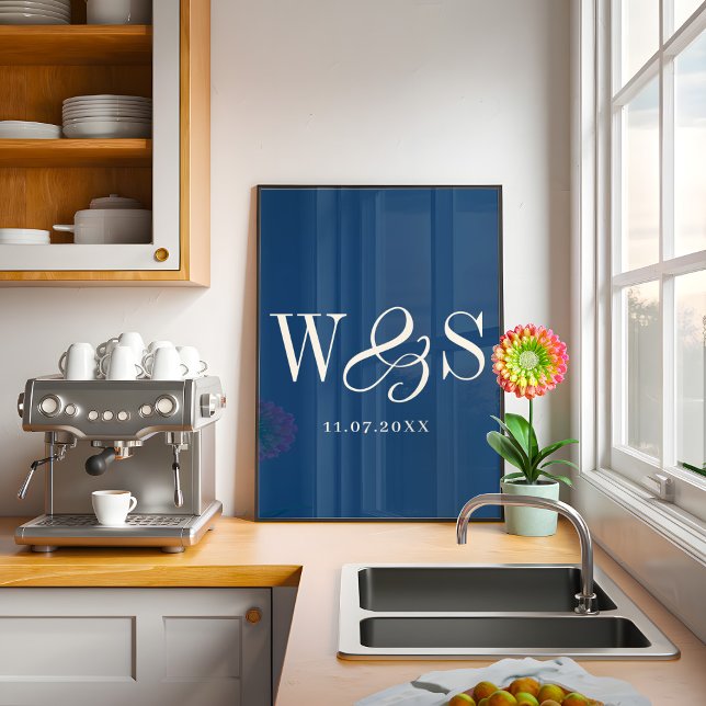 Elegant navy blue couple initials wedding poster (Creator Uploaded)