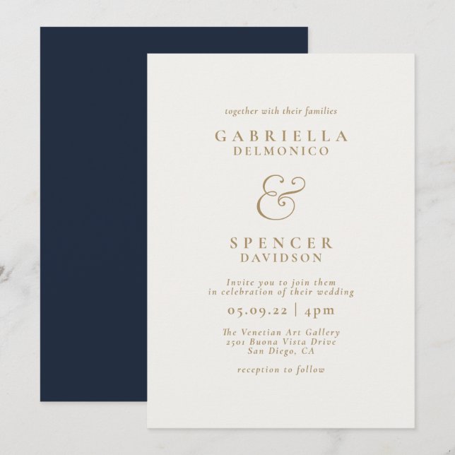  Elegant Navy Blue Cream Gold Wedding  Invitation (Front/Back)