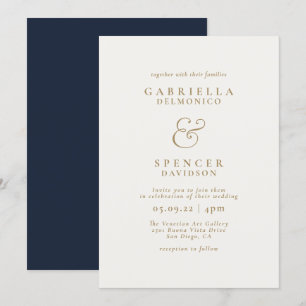  Elegant Navy Blue Cream Gold Wedding  Invitation