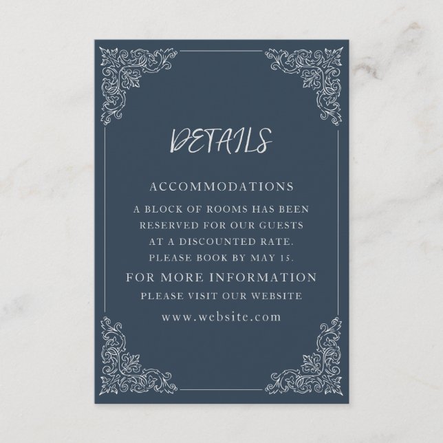 Elegant Navy Blue Cream Wedding Details Enclosure Card (Front)