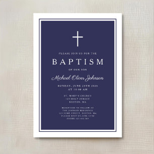 Elegant Navy Blue Cross Baby Boy Baptism Invitation