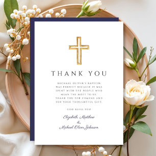 Elegant Navy Blue Cross Boy Baptism Thank You Card