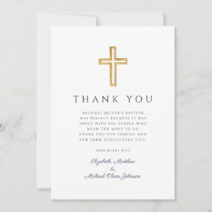 Elegant Navy Blue Cross Boy Baptism Thank You Card