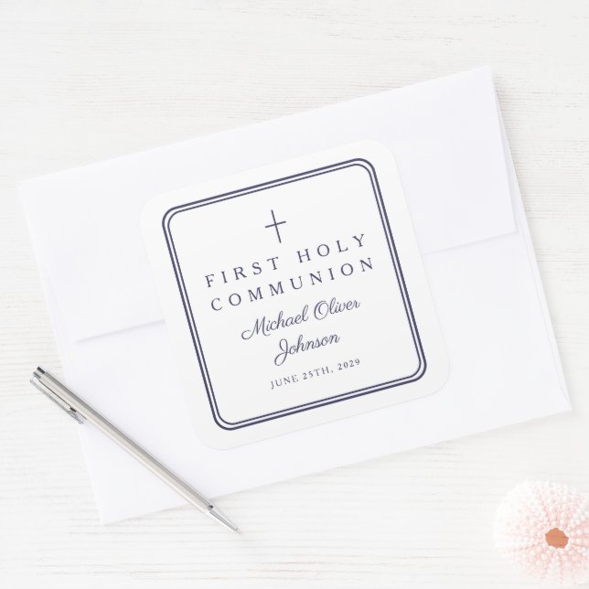 Elegant Navy Blue Cross Boy First Communion  Square Sticker (Envelope)