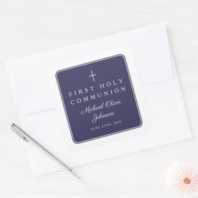 Elegant Navy Blue Cross Boy First Communion  Square Sticker (Envelope)