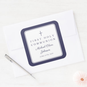 Elegant Navy Blue Cross Boy First Communion  Square Sticker